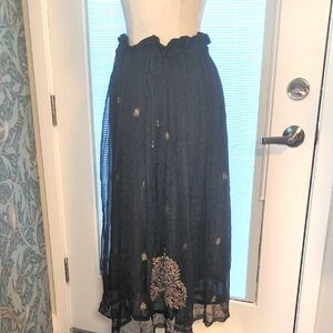 Andrew Sport sheer black skirt with elegant gold threaded embroidery One SZ